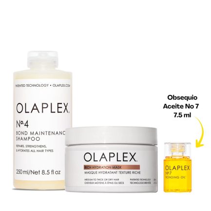 Sistema de Reparación y Protección OLAPLEX Nº4 250ml, Mascarilla Rich Hydration Mask 200ml + Obsequio Nº7 7.5ml