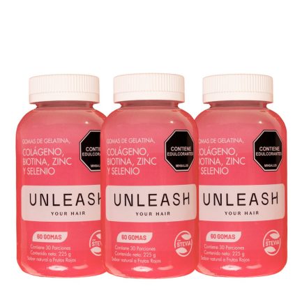 UNLEASH Gomas para el Crecimiento, Fortalecimiento y Prevención Caída del Cabello (Colágeno, Biotina, Zinc y Selenio) 180 Gomas